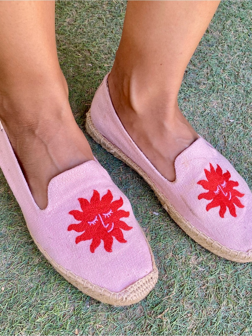 Soludos Pink Espadrille Slip-Ons with Red Sun Embroidery